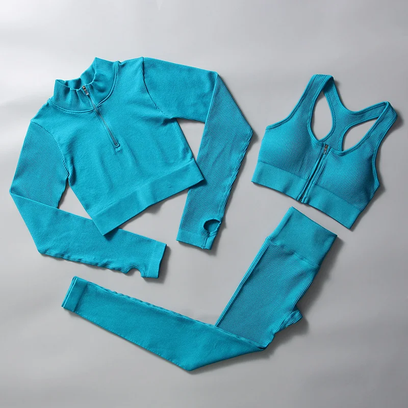 Yoga Set Women Zipper Long Sleeve Sport Suit Gym Leggings Workout Clothes
