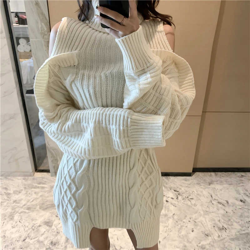 

Women White Black Knit Sweater Dress Fall Winter Korean Turtleneck Sexy Off-shoulder Loose Long Sweater Sweet Mini Knitted Dress