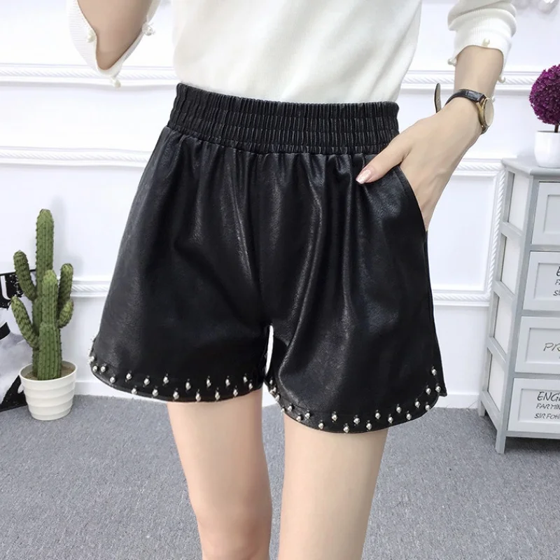 Women PU Leather shorts Autumn Winter Rivet short elastic waist wide leg shorts feminino DV261