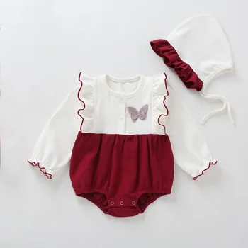

2020 Newborn Toddler Girls Cute Cotton Baby Lace Long Sleeve Romper + Cap Clothing