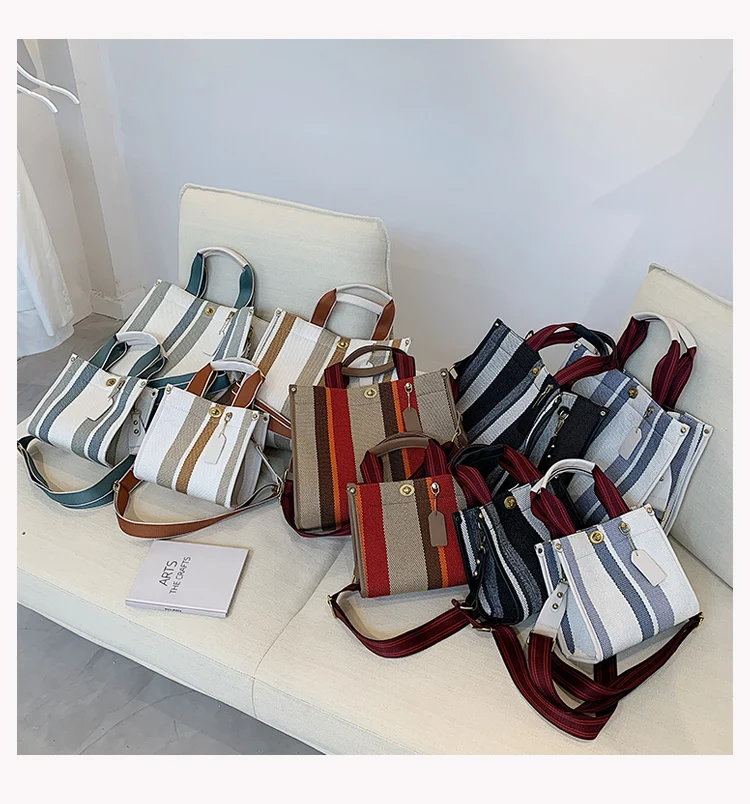 Fashion Striped Canvas Women Shoulder Bag Big Capacity Shopper Bags For Women Casual Wide Strap Handbag Women's Bag Commute Tote