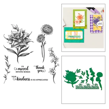 

2020 New Hot Valentine Plant Rose Branch Flower Thank You Word Stamps and Metal Cutting Dies For Scrapbooking Card Foil Making