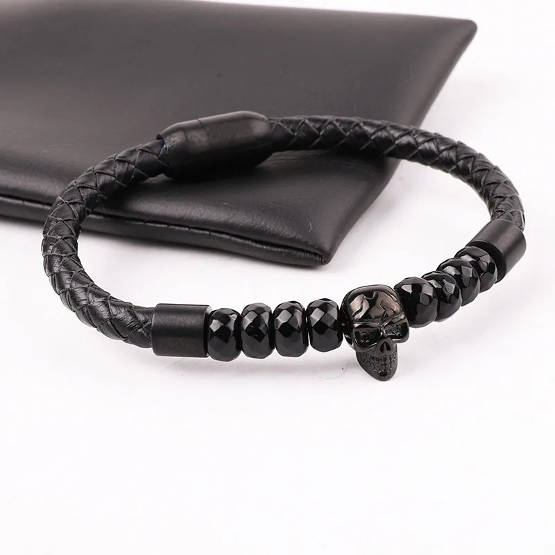 High Quality 316L Stainless Steel Clasp Helmet Skull Charm Genuine Leather Bracelet Men Jewelry Gift - Image 4