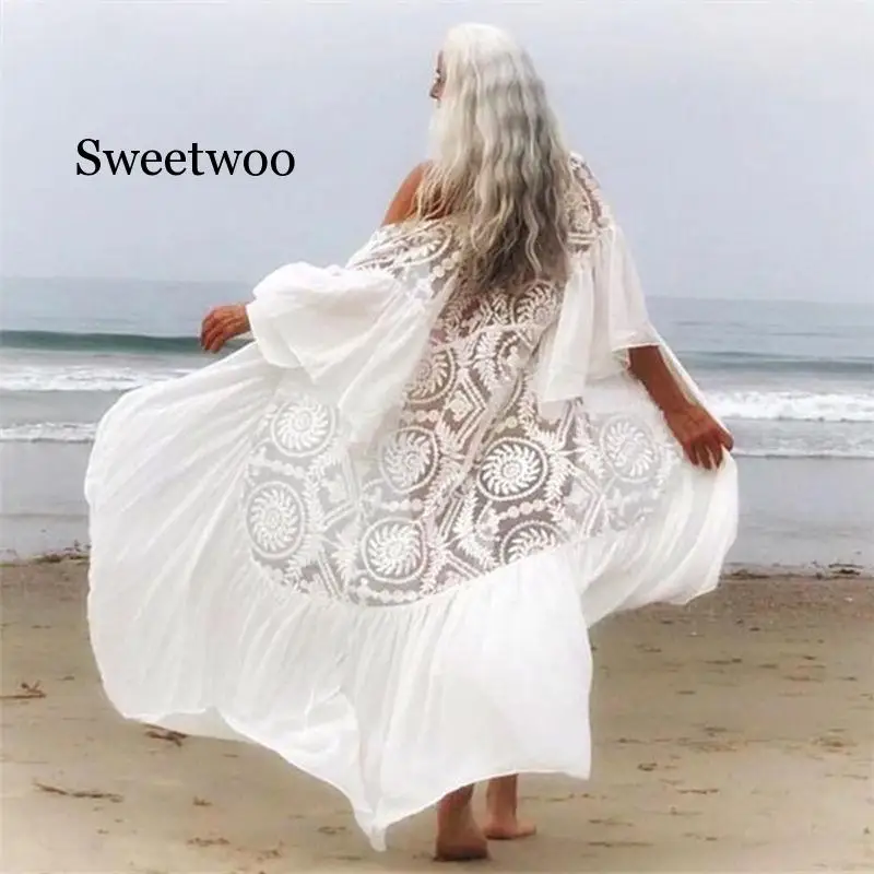 2020 New Bikini Cover-ups Sexy Belted Summer Dress White Lace Cotton Tunic Women  Beach Wear Swim Suit Cover Up