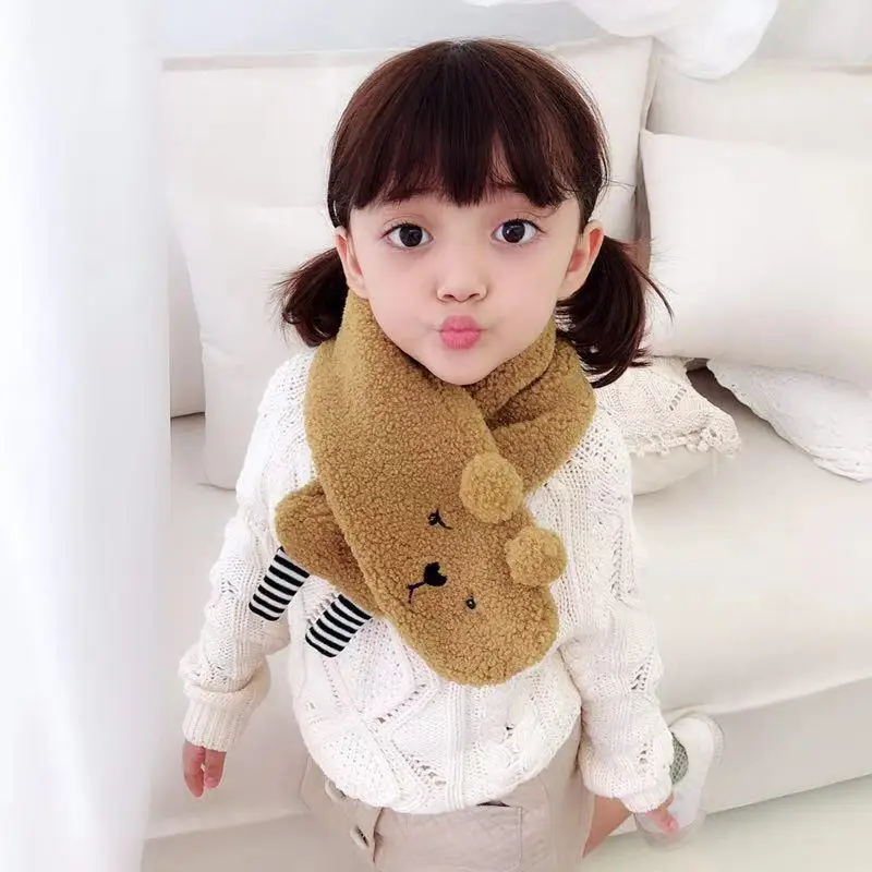 Милый плюшевый шарф с медвежонком для маленьких детей, Kawaii, Зимние флисовые теплые меховые шарфы для детей, Одноцветный шарф для мальчиков и девочек, теплый шарф