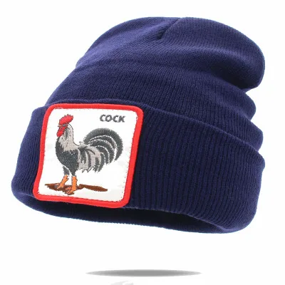 Blue Chicken Унисекс шапочка вязаная с вышивкой в виде животных, Лоскутная манжета с черепом, теплая зимняя мягкая эластичная вязаная мужская шапка - Цвет: Blue Chicken