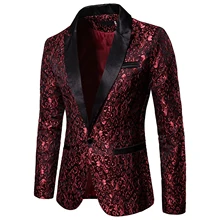 Gold Jacquard Bronzing Floral Blazer Suit Mens Single Button Blazer Jacket Wedding Dress Party Stage Singer Costume