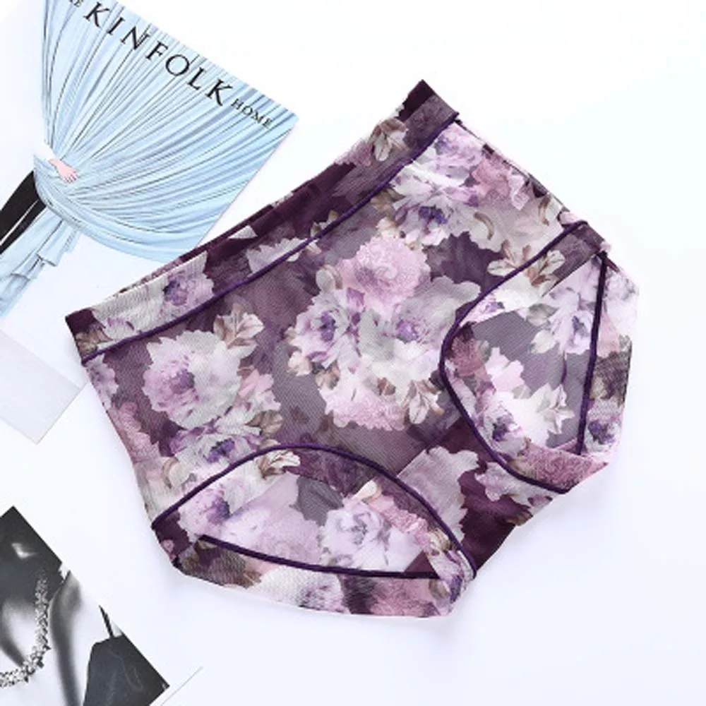 dark purple Женские сексуальные бесшовные трусики с принтом, женские удобные дышащие сетчатые трусики, открытые трусики со средней талией - Цвет: dark purple