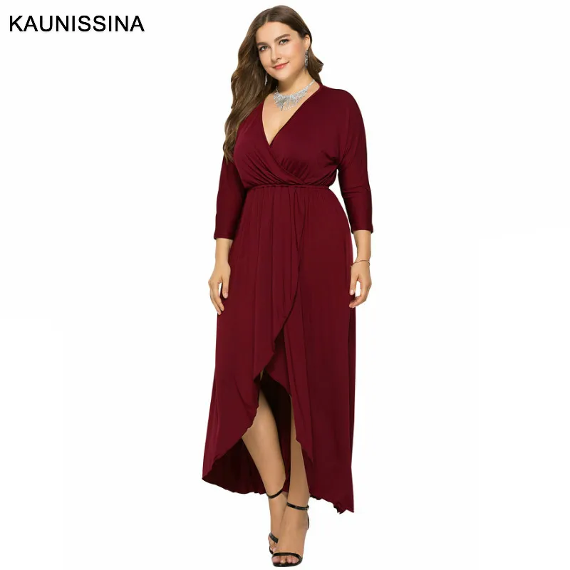 Wine Red KAUNISSINA размера плюс вечерние платья для женщин с длинным рукавом Твердые коктейльные платья с длинным v-образным вырезом платье для выпускного вечера Вечернее платье для коктейля - Цвет: Wine Red