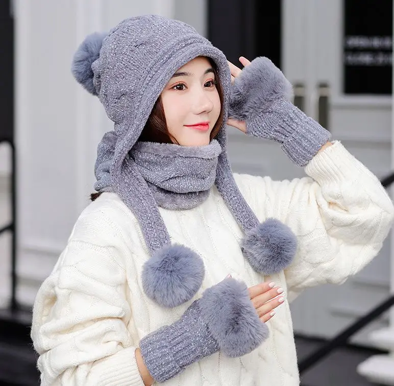 Новинка, зимняя вязаная шапка, шарф, перчатки, набор, pom poms beanie earmuff, уличная шапка, школьная шапка, набор