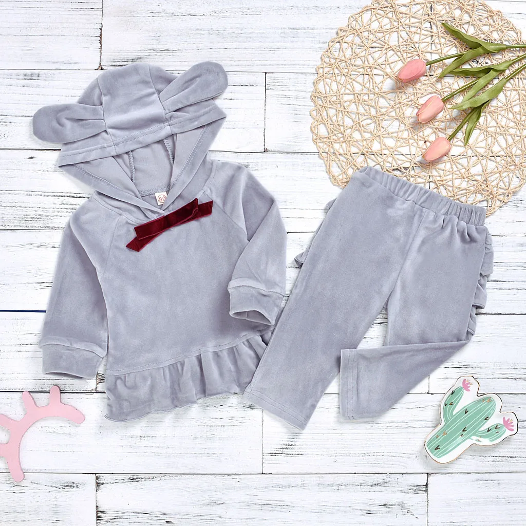 Long Sleeve Bow Ruffles Hooded Sweatshirt Tops Newborn Baby Girl Clothes Winter Cotton Plush Pants Toddler Girls Clothing Sets