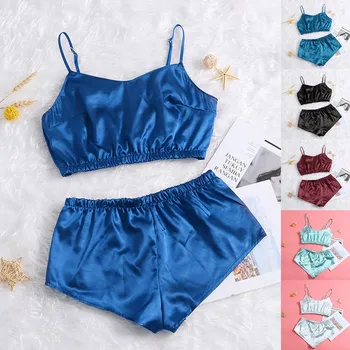 

Fashion Solid Pajamas Set New Sexy Lace Lingerie Silk Underwear Sleepwear Two Pieces Sexy Spaghetti Strap Top Nightwear #3