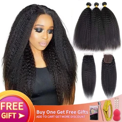 Kinky Straight Bundles With Closure Human Hair 2/ 3 / 4 Bundles With 4x4 Lace Closure  Yaki Straight Hair Bundles With Closure