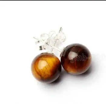 

Hot Sell Fashion New 10mm Natural Yelow Tiger Eye Stone 925 Sterling Silver Earrings