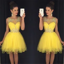 Новые желтые короткие платья для выпускного вечера прозрачные бусы со стразами скромные Зеленые Дешевые женские платья длиной до колен выпускного вечера коктейльные платья Rea