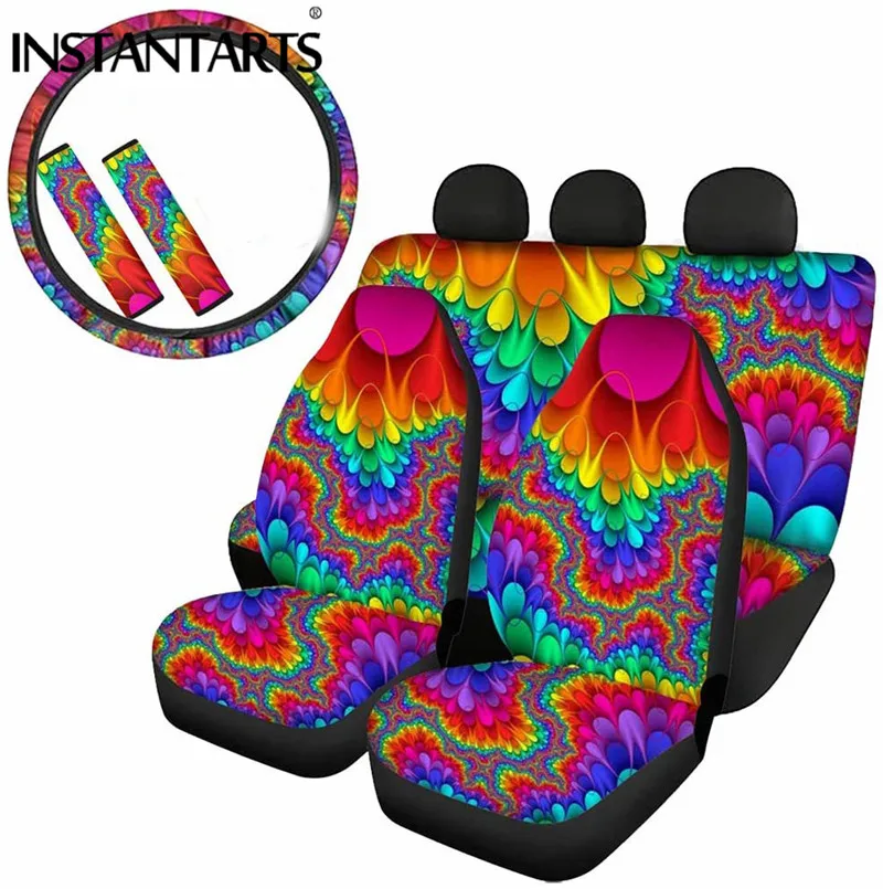 

INSTANTARTS Rainbow Tie Dye 3D Print Car Interior Seats Protector Steering Wheel Cover for Women Set Trend Auto Seat Belt Cover