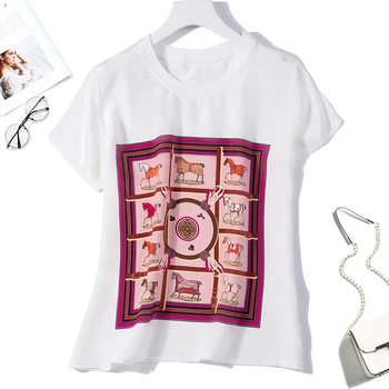 

Women's 100% Pure Silk Short Top Shirt Blouse Crew Neck short sleeves white print L XL JN223