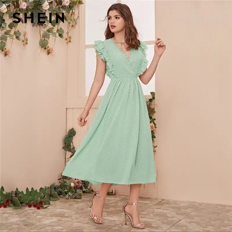 Shein Chorhemd Ausschnitt Spitze Trim Layered Ruschen Armloch Schweizer Dot Lange Kleid Frauen Sommer Armellose Reich Eine Linie Romantische Kleider Kleider Aliexpress