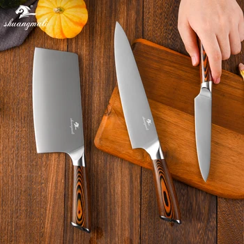 

Shuangmali 3PCS Chinese Chef Knife Set 5Cr15 Steel Utility Cooking Kitchen Knives Fruit Slicing Knife With Pakka Wood Handle