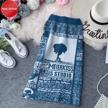

Thick Soft Midi Pencil Skirts Japan Girl Harajuku Woman Faldas Female Women's Autumn Skirt Knit Letters Split Winter