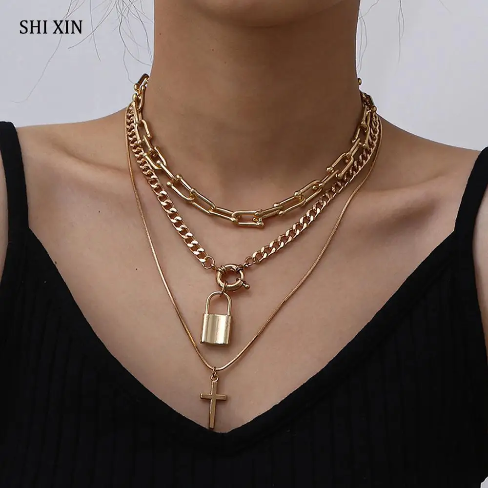 

SHIXIN 3 Pcs/Set U Shape Chain Choker Colar With Lock/Cross Pendant Necklace for Women Punk Padlock Necklace on the Neck Jewelry