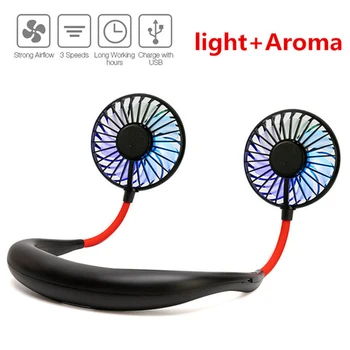 

2000MA Hand Free Sports Dual Fan Portable Hanging Neck USB Battery Rechargeable Mini Cooler 3 Speed Fan With Lights and Aroma