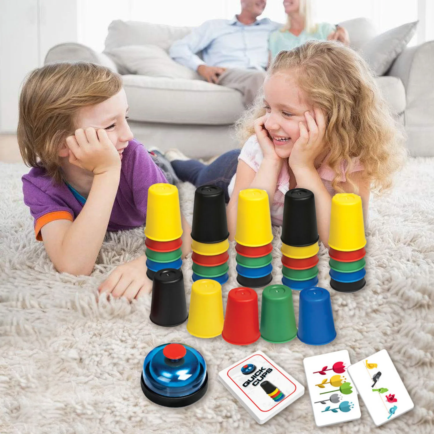 

Stackable Quick Cups Game with 30 Cups 1 Bell 1 Card for Kids Educational Color Shape Matching Toy Parent-Child Interactive Game