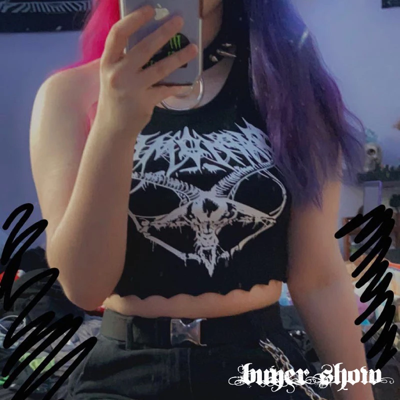 Goth Dark Gothic Knitted Punk Black Tank Tops Mall Goth Grunge Goat Print Harajuku Women Crop Tops Skinny Sleeveless Streetwear