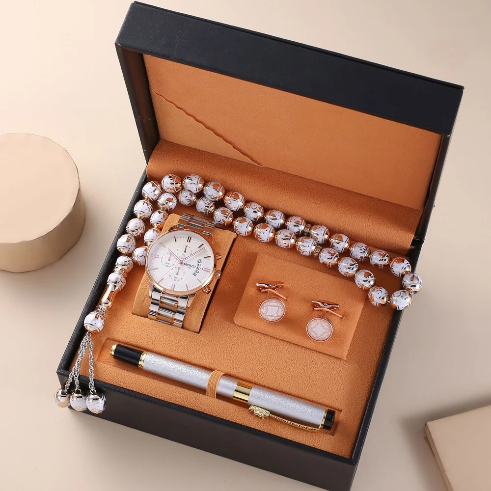 Man Watch Gift Set With High Quality Box Luxury Quartz WristWatch Rosary Bracelet Cufflinks Pen Mens Watches Set For Men’ s Gift 10 gift with vavli tasseled plastic pearl 99 prayer rosary mevlit circumcision hac umrah