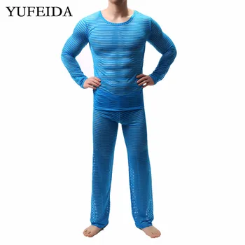 

2PCS/Set See Through Loose Casual Long Pants Trousers Sexy Sheer Men Underwear Slim Undershirts Tops Seamless Shirt Clothing Set