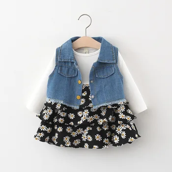 

Autumn Baby Girls Long Sleeve Floral Print Cute Princess Party Tutu Dress + Denim Jeans Waistcoat Kids 2Pcs Clothes vestidos