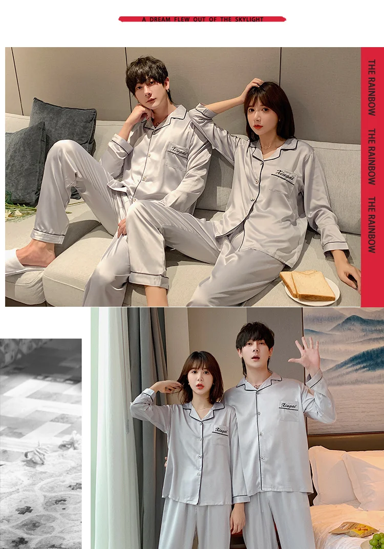 New Hot Couple Pajamas for Lovers Spring and Autumn Long-sleeved Couple Pajamas Women Cute Thin Ice Silk Men's Silk Home Service mens silk pajamas