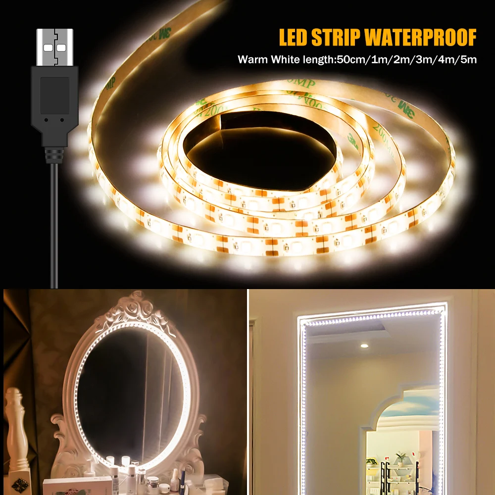 

Led Vanity Mirror Light Strip Waterproof Bathroom Makeup Mirror Backlight Lamp Tape USB 5V Dressing Table Light 1m 2m 3m 4m 5m