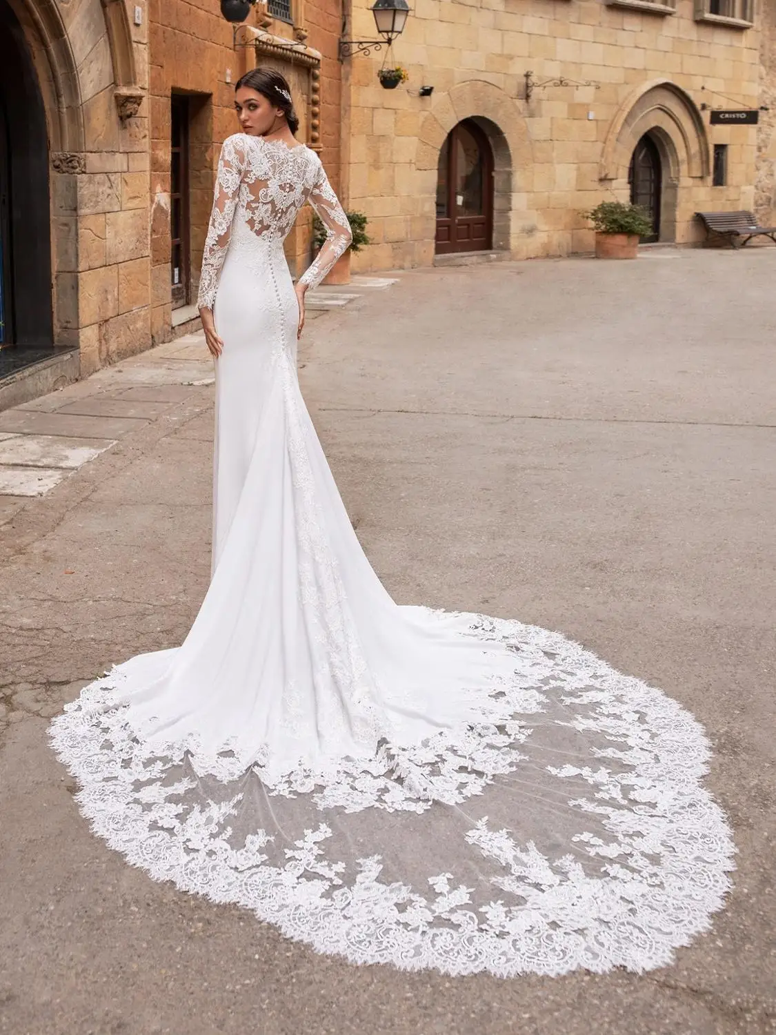 Свадебное платье с длинным рукавом V-NECKLINE из крепа, мягкое атласное свадебное платье с аппликацией