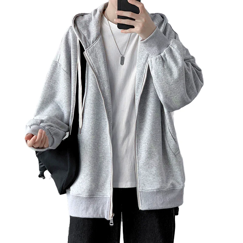 

Spring New Couple Solid Color Zipper Cardigan Jacket Hooded Sweatshirts Trendy Black Loose Student Hoodie Men