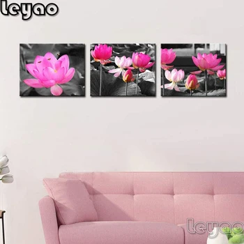 

5D DIY Full Diamond Embroidery "3 Pieces Black and White Pink Lotus Flower"Diamond Painting Cross Stitch Rhinestone Home Decor