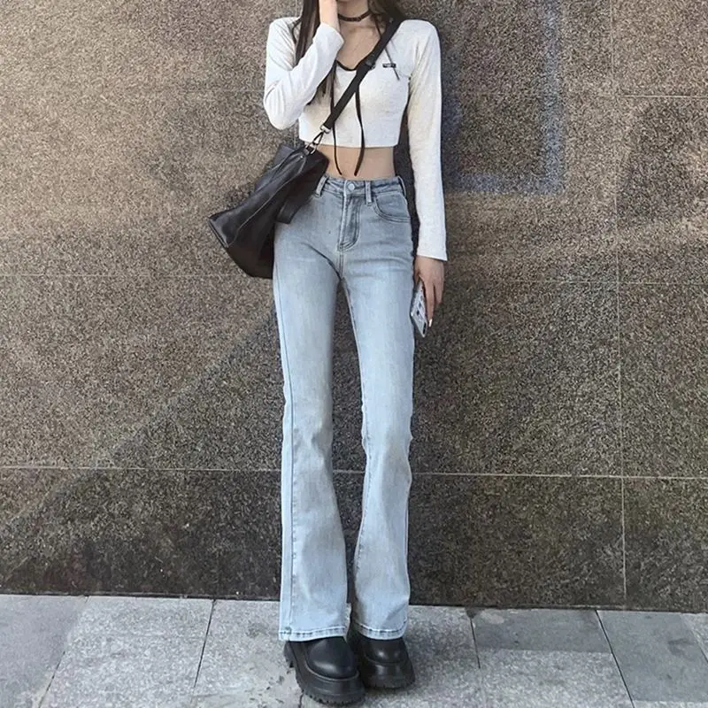 Pantalones vaqueros Vintage de cintura alta para mujer, Vaqueros largos, elásticos, ajustados, acampanados