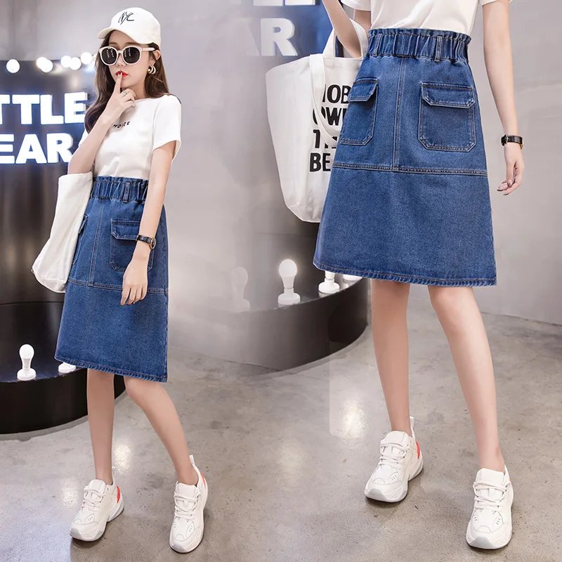 

Denim Skirt Mid-length High-waisted A- line 2019 New Style Large Size Dress 200 of Fat Mm