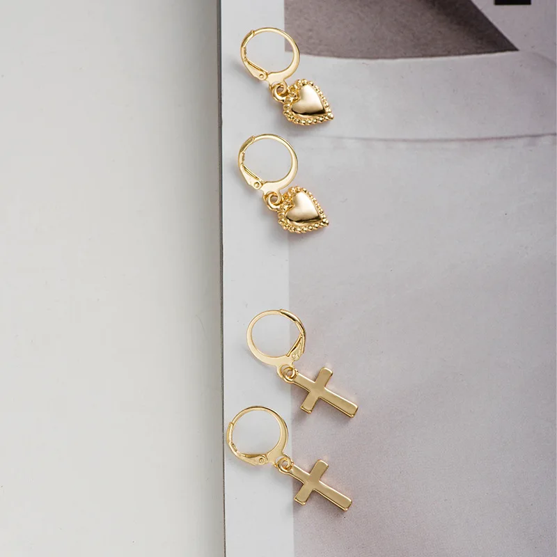 Серьги-кольца в стиле панк с золотым хрящом, ювелирное изделие, стильные крошечные серьги в виде сердца с крестом, треугольная подвеска вечерние серьги для женщин и девушек