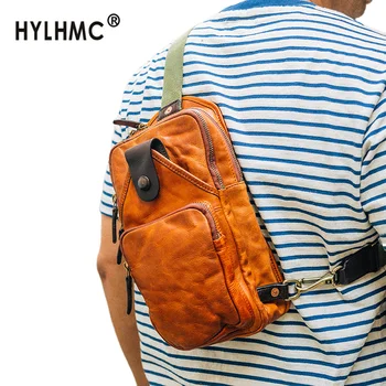 

Men's Chest Bag Trend Messenger Bag 2020 New Handmade Bag First Layer of Leather Light Brown Black Brown Verticle Square Bags