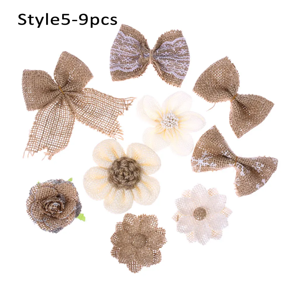 Style5-9pcs Ручной работы джут из мешочной ткани цветы пришить патч для одежды/сумки искусственная Роза декор для рождественской вечеринки - Цвет: Style5-9pcs