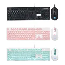 VODOOL N518 USB Wired Steampunk Retro Gaming Keyboard Mouse Set Round Keycap Backlight Gamer Keyboard Mice For Laptop Desktop PC