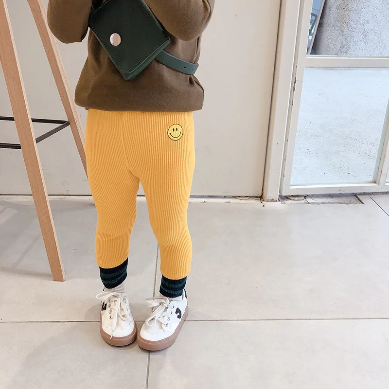 Winter Girls Smiling Face Pit Flannel Underpants Toddler Kids Knitted with Velvet Basic Cotton Leggings Children Trousers