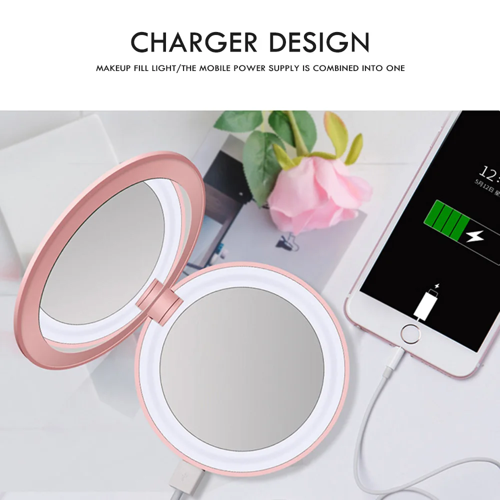 Portable LED Lighted Mini Circular Makeup Mirror Compact Travel Sensing Lighting Cosmetic Mirror Wireless USB Charging