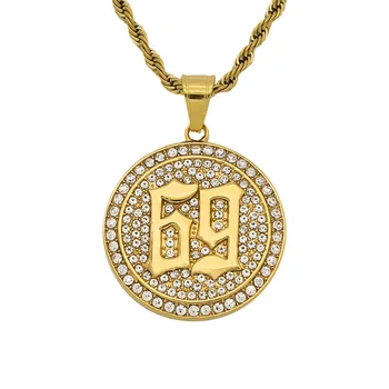 

Hip Hop Rhinestone Paved Bling Iced Out Gold Color Stainless Steel 69 Round Pendant Necklace for Men Rapper Jewelry