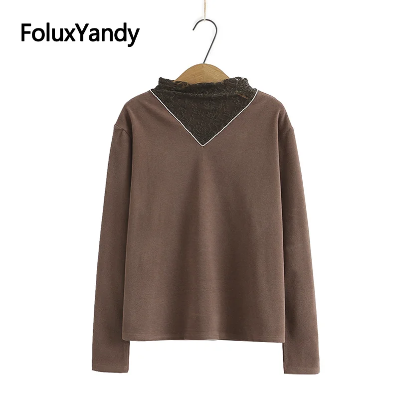 

Lace Turtleneck Tops Thick Winter Tops Women's T-Shirt Plus Size XXXL 4XL Casual Long Sleeve T-Shirts KKFY5152