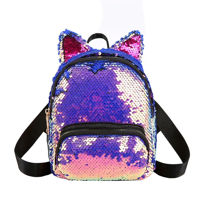 Модный женский мини-рюкзак из искусственной кожи с пайетками для девочек, рюкзак для путешествий в консервативном стиле, сумка на плечо, милые рюкзаки с ушами для девочек - Цвет: Blue  Purple