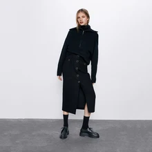 Новинка, прямая Черная Женская юбка ZA, модная, с карманами, с разрезом, с шармом, темпераментная текстура, Осень-зима, юбка