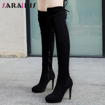 

SARAIRIS New Fashion Female 2020 Lace Up Boots Over The Knee Boots Women Round Toe Thin High Heels Zip Thigh High Shoes Woman