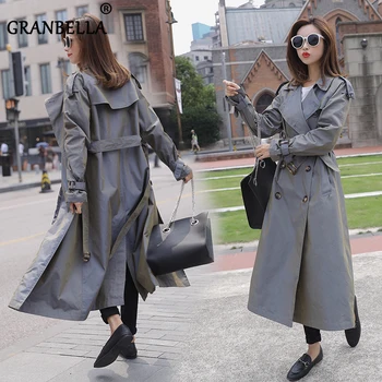

2020 Brand Trendy Grey Color Women's Spring Trench Outwear Birith Style Double Breasted Sashes Long Coats For Office Laides